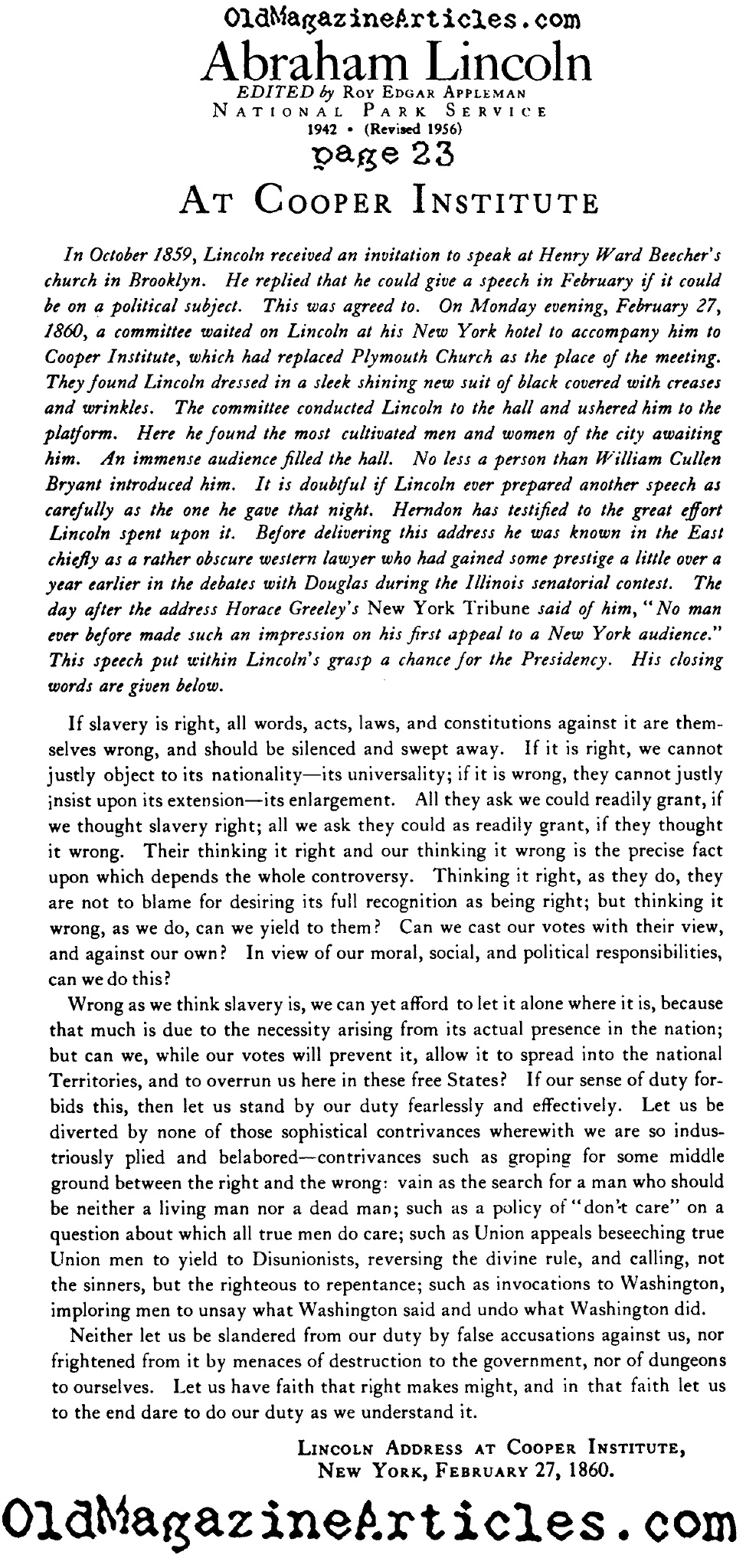 Lincoln's Address at Cooper Union (The National Park Service, 1956)